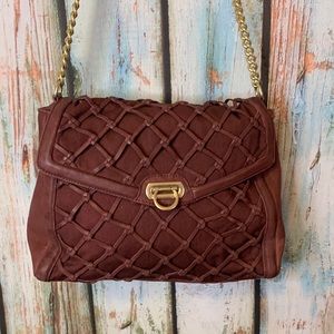 La Victoire Burgundy Leather & Fabric Purse with Chain Strap